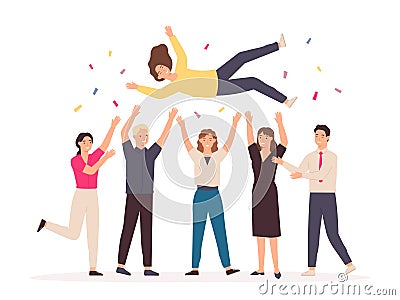 Team throwing person in air. Celebrate win and business success congratulation. Friends toss up woman at party with confetti Vector Illustration