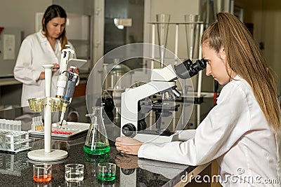 Team of two female laboratory technicians working in chemical or pharmaceutical laboratory Stock Photo