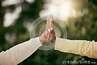 The A-team. an unrecognizable son and father high fiving outside. Stock Photo