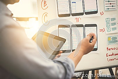 Team of ux ui designer mobile development experience app Stock Photo