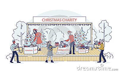 Team of volunteers gathering donation for christmas charity for poor children Vector Illustration