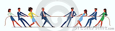 Team war. Young people pulling rope, employees competition. Conflict in business team. Office management teamwork games Vector Illustration