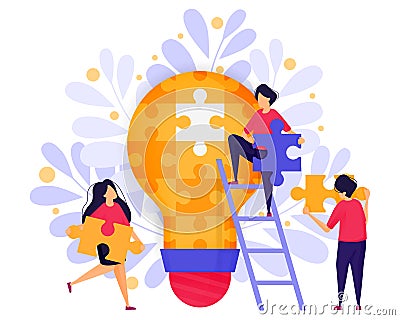 Team Work In Business. People Cooperate Solve Puzzles to Find Ideas and Solutions in Building a Startup Business . Character Conce Vector Illustration