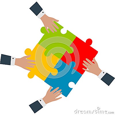 Team work concept.Hands assembling puzzles vector Vector Illustration