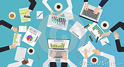 Team work concept. Top office desk view of brainstorming, business meeting. Hands with documents and laptops vector Vector Illustration