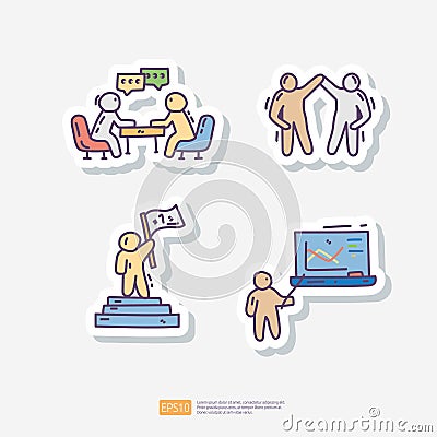 Team Work. Contains team goal, motivation, working group, management, collaboration, cooperation. Hand drawn doodle sticker icon Vector Illustration