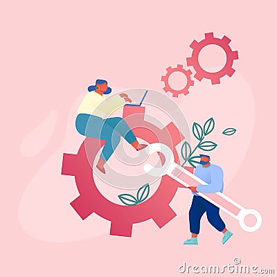 Team Work Cooperation in Gears Mechanism. Businesspeople Engaged in Business Direction to Successful Path Vector Illustration