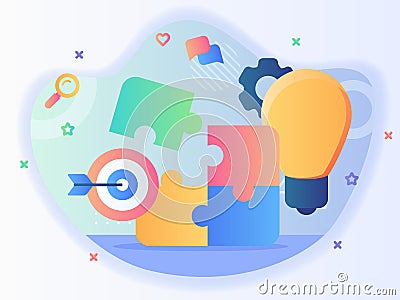 Team work icon set puzzle bulb light arrow on target gear with flat style . Vector Illustration