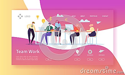 Team Work Landing Page. Banner with Flat Business People Characters Working Together Website Template. Easy Edit Vector Illustration