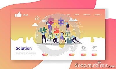 Team Work Landing Page Template. Website Layout with Flat People Characters with Puzzle. Easy to Edit and Customize Vector Illustration