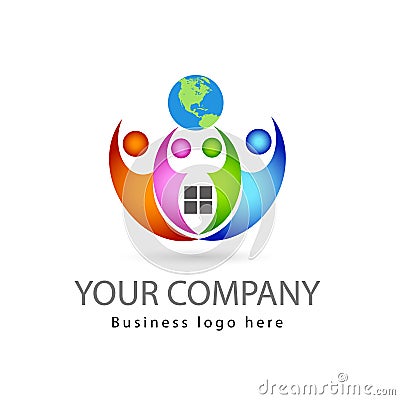 Team work multi color four people together in white background with globe vector logo Cartoon Illustration