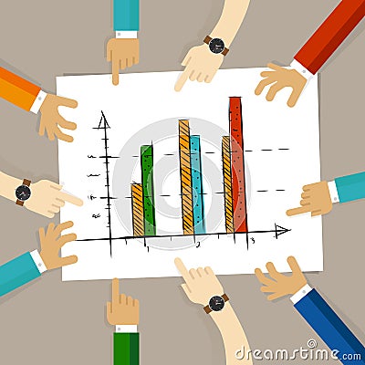Team work on paper looking to chart bar progress success business concept of planning hands pointing collaboration group Vector Illustration
