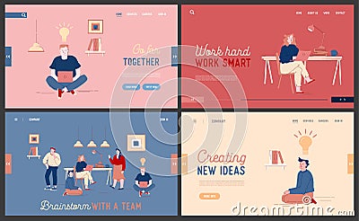 Team Work Project Development, Creative Idea Brainstorm Website Landing Page Set. Businesspeople Cooperate Vector Illustration