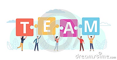 Team work puzzle. Tiny people put in row big letters, business collaboration and cooperation, joint achievement goal Vector Illustration