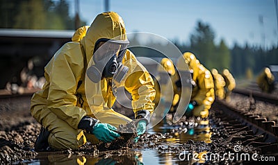 Group of People in Yellow Suits and Gas Masks Stock Photo