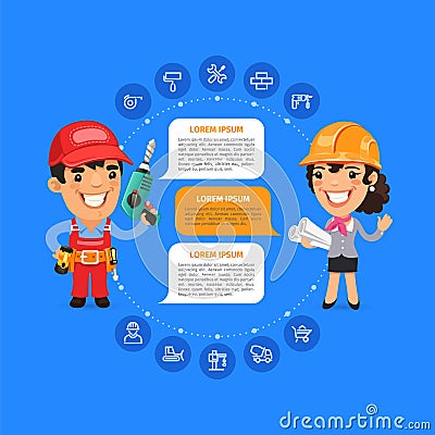 Team Working Cartoon Builders Vector Illustration