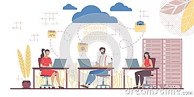 Team Working in Saas Connected with Main Cloud Vector Illustration