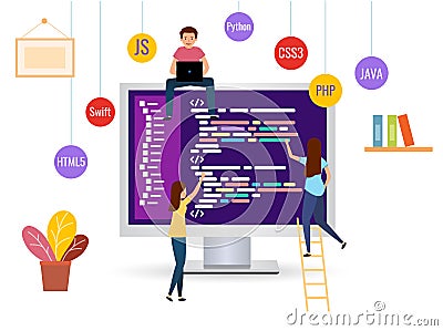 Team writes code programming for a game, app or website Vector Illustration