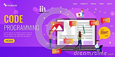The team writes code programming for the site. Vector Illustration