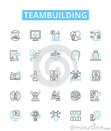 Teambuilding vector line icons set. Teamwork, Collaboration, Problem-solving, Communication, Constructive, Interaction Cartoon Illustration