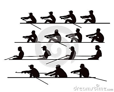 4 teams of rowers in boats and canoes for the race. Silhouette. Illustration Stock Photo