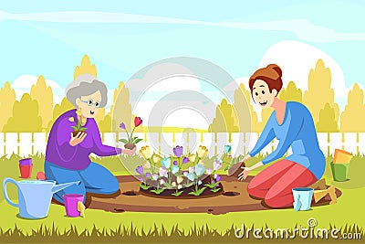 Teamwork, agriculture, gardening, planting, nature concept Vector Illustration