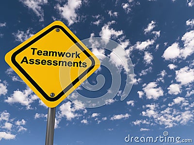 teamwork assessments traffic sign on blue sky Stock Photo