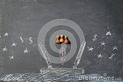 Teamwork, begining and startup concept. Team of chess pieces flying to the painted stars. Stock Photo