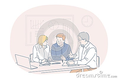 Teamwork, brainstorming, business communication about startup concept Vector Illustration