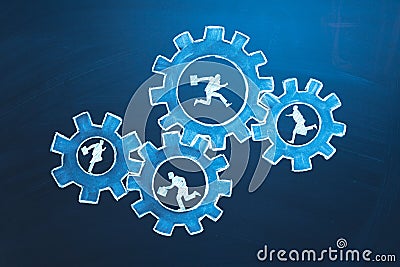 Teamwork business concept. Businessmens running in gears. Idea of partnership, cooperation, team work. Metaphor for Stock Photo