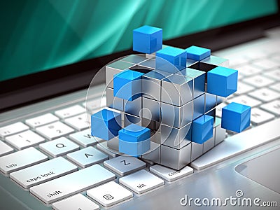 Teamwork business concept - cube assembling from blocks on laptop keyboard. 3d rendering Stock Photo