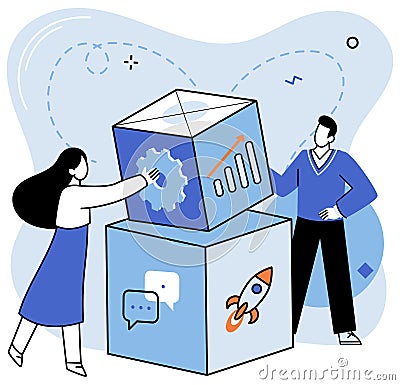Teamwork, business logic, concept. Entrepreneur solving problem, complex task with different issues Vector Illustration