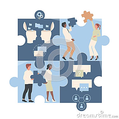 Teamwork of business people inside connected puzzle jigsaw, employees brainstorming Vector Illustration