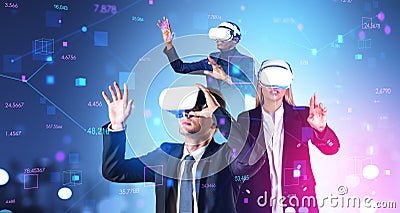 Teamwork of business people in vr glasses, data blocks in metaverse Stock Photo