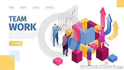 Teamwork in business, team-work leadership qualities in creative team landing webpage template, vector illustration Vector Illustration