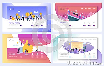 Teamwork Business Work Success Landing Page Set. Motivation Marketing Management Leader Character Concept for Website Vector Illustration