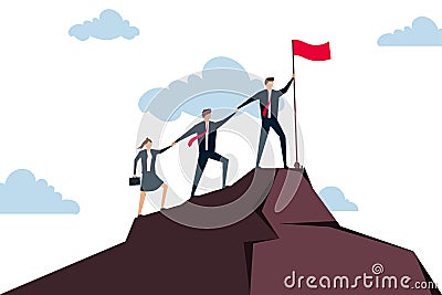 Teamwork, businessman holding hand helping team colleagues climbing to reach business goal Stock Photo