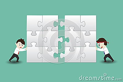 Teamwork, businessmen assembling pieces of a puzzle Vector Illustration