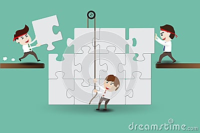 Teamwork, businessmen assembling pieces of a puzzle Vector Illustration