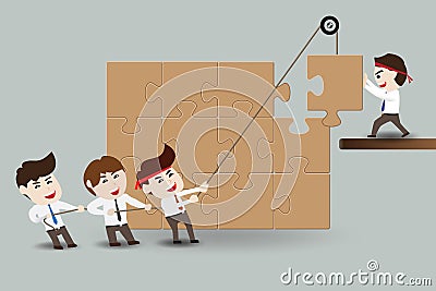 Teamwork, businessmen assembling pieces of a puzzle Vector Illustration