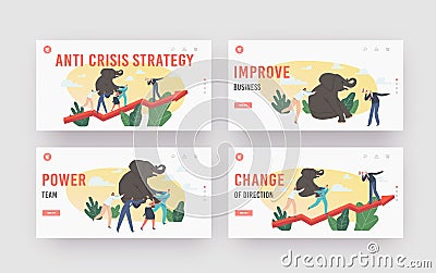 Teamwork Challenge Landing Page Template Set. Power Team Characters Climbing at Huge Growing Arrow Graph with Elephant Vector Illustration