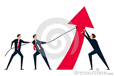 Teamwork and collaboration colleagues, group of businessmen and women office workers help and support to pull arrow rising up Stock Photo