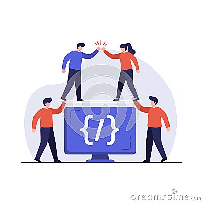 Teamwork and collaboration concept with programmers coding on computer screen vector illustration Vector Illustration