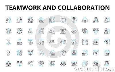 Teamwork and collaboration linear icons set. Synergy, Alliance, Cohesion, Unity, Partnership, Cohort, Connection vector Vector Illustration