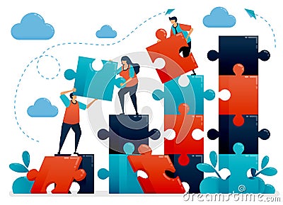 Teamwork and collaboration by solving puzzles. Metaphors understand business chart. Cooperate for company. Challenges and problems Vector Illustration