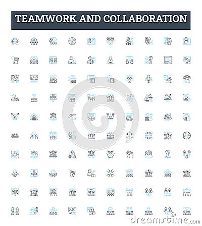 Teamwork and collaboration vector line icons set. Collaboration, Teamwork, Communicate, Cooperate, Networking, Unity Vector Illustration