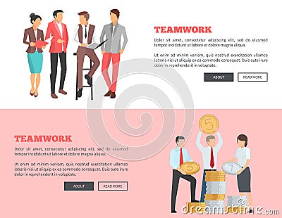 Teamwork Collection of Cartoon Posters with Text Vector Illustration