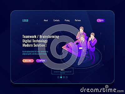 Teamwork and collective meeting, office workflow, brainstorm concept isometric icon, code review, engineer, programmer Vector Illustration