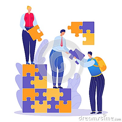 Teamwork company job, group people successful business start up, character hold puzzle detail flat vector illustration Cartoon Illustration