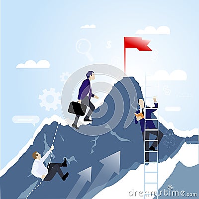 Teamwork concep. Businessmen together rise on mountain with flag Vector Illustration